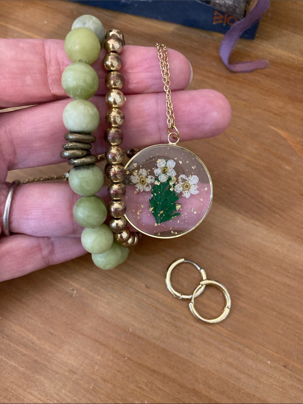 Pressed flower pendant necklace + bracelets + earrings